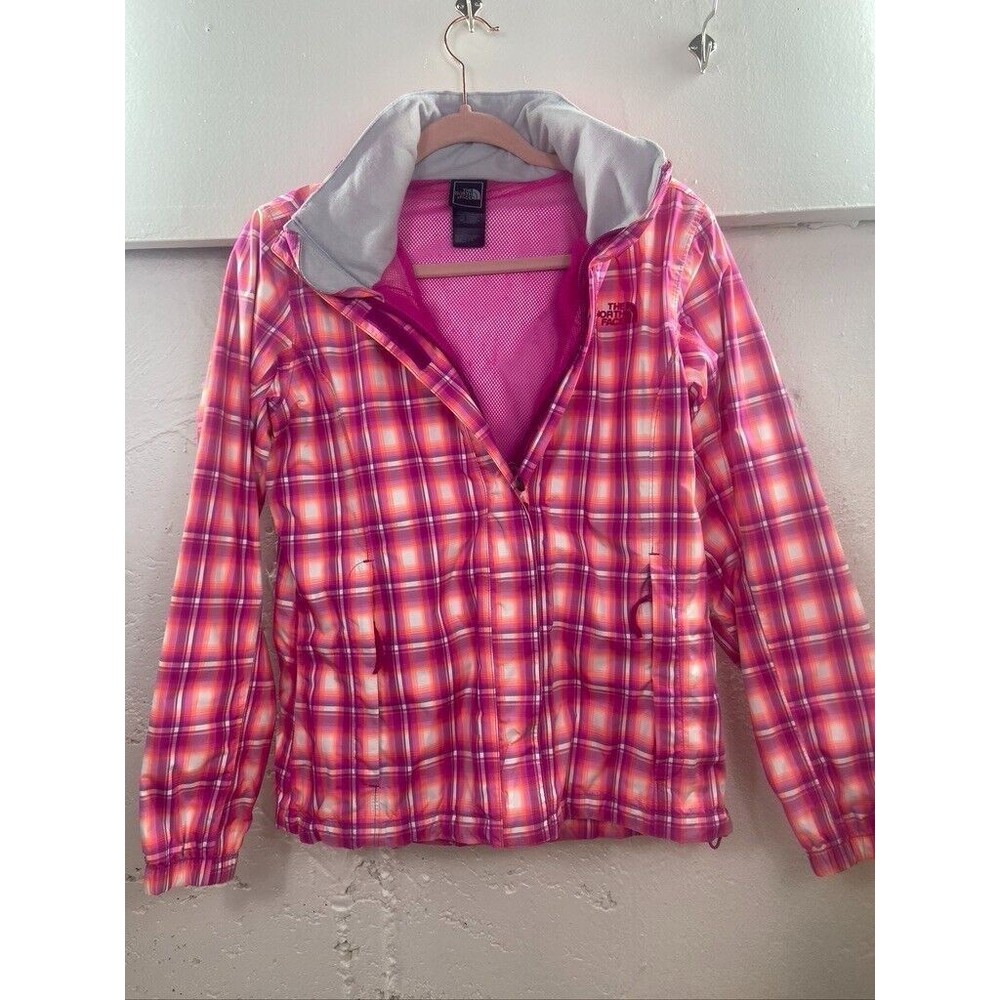 THE NORTH FACE WOMENS MED PINK CHECK RAIN JACKET MESH LINING HOODED